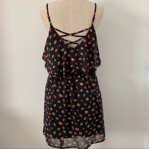 F21 Black with red floral design mini dress - Picture 3 of 5